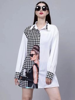 ANNY - White Houndstooth Pattern Oversized Shirt