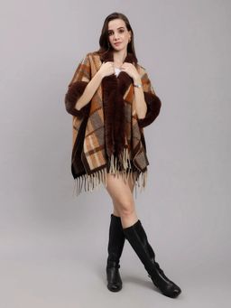 ANNY - Brown Plaid Woolen Cape Poncho