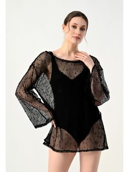 ANNY - Black Mesh Boat Neck Cover-Up Top