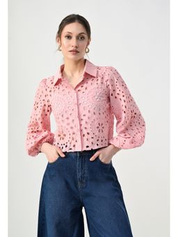 ANNY - Pink Self Design Eyelet Crop Shirt