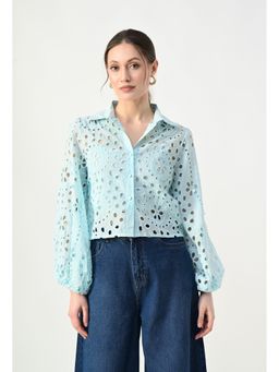 ANNY - Turquoise Self Design Eyelet Crop Shirt