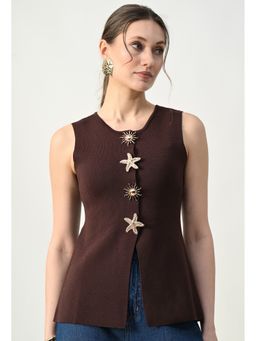 ANNY - Brown Statement Button Sleeveless Top