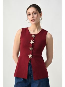 ANNY - Maroon Statement Button Sleeveless Top