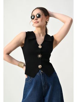 ANNY - Black Sleeveless Collared Button Top