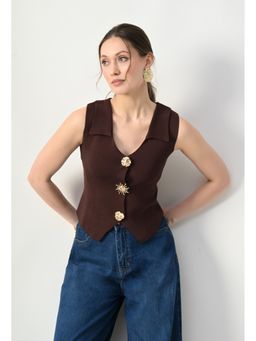 ANNY - Brown Sleeveless Collared Button Top