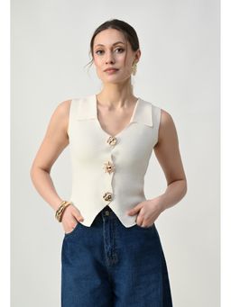 ANNY - Cream Sleeveless Collared Button Top