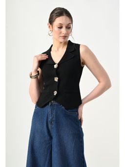 ANNY - Black Notch Lapel Neck Sleeveless Waistcoat