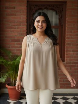 Qurvii - Beige Solid Top With Lace Detailing
