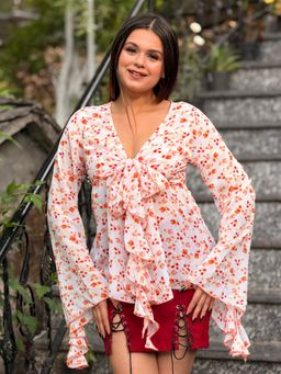 Tandul - Women Ruffle White And Orange Top