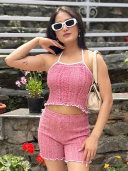Tandul - Women Chic Pink Knitted Crop Top with Shorts