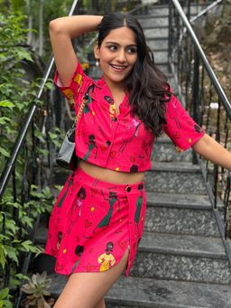 Tandul - Women Pink Printed Crop Shirt and Skirt