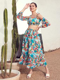 STREET 9 - Blue Printed Crop Top And Skirt