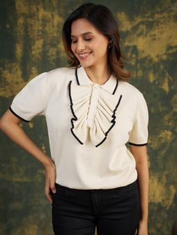 ZUMMER - Off White Solid Seamless Polo Neck Top