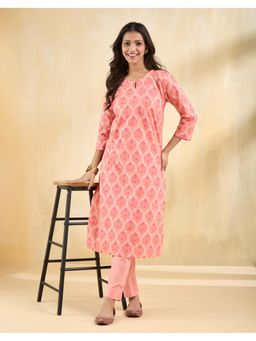 Fabindia - Women Peach Cotton Printed Kurta with Pant (Set of 2)
