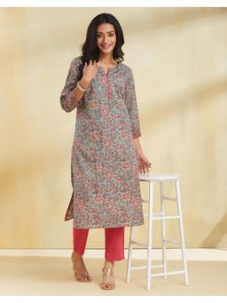 Fabindia - Women Green Cotton Floral Kurta with Pant (Set of 2)