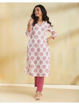 Fabindia - Women White Cotton Floral Kurta with Pant (Set of 2)