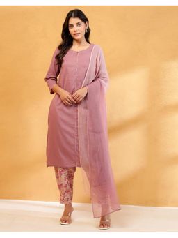 Fabindia - Women Mauve Cotton Solid Kurta with Pant and Dupatta (Set of 3)