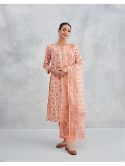 Fabindia - Women Peach Cotton Floral Kurta with Pant and Dupatta (Set of 3)