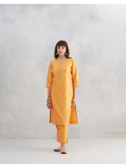 Fabindia - Women Yellow Cotton Silk Embroidered Kurta with Pant (Set of 2)
