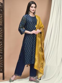Shree - Women Navy Blue Viscose Geometric Kurta with Pant and Dupatta (Set of 3)