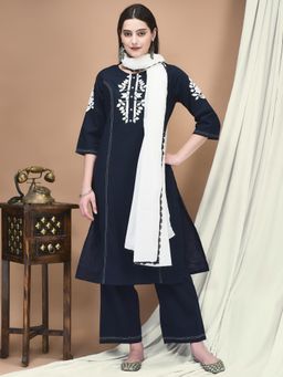 Shree - Women Navy Blue Linen Embroidered Kurta with Pant and Dupatta (Set of 3)