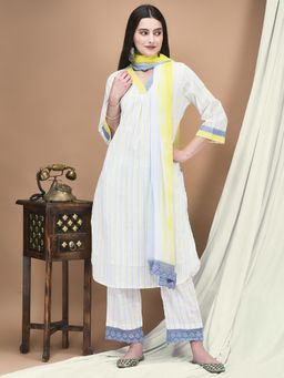 Shree - Women White Cotton Stripes Kurta with Pant and Dupatta (Set of 3)