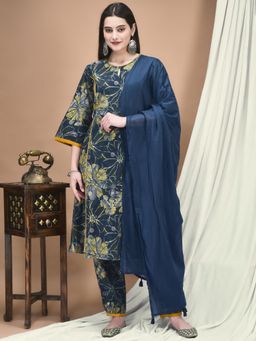 Shree - Women Indigo Cotton Floral Kurta with Pant and Dupatta (Set of 3)