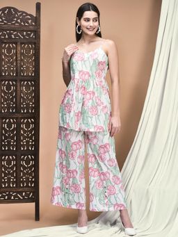 Shree - Women White Cotton Floral Co-Ord (Set of 2)