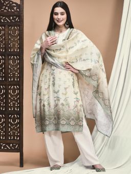 Shree - Women Off White Silk Blend Floral Kurta with Pant and Dupatta (Set of 3)