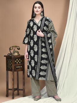 Shree - Women Black Cotton Paisley Kurta with Pant and Dupatta (Set of 3)