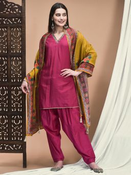 Shree - Women Pink Viscose Woven Kurta with Salwar and Dupatta (Set of 3)