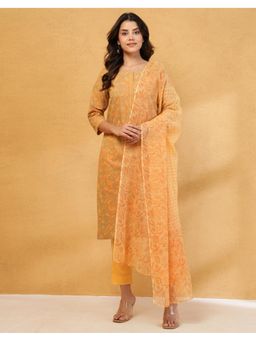 Fabindia - Women Mustard Cotton Floral Kurta with Pant and Dupatta (Set of 3)