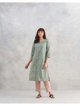 Fabindia - Women Green Cotton Blend Floral Kurta with Pant (Set of 2)