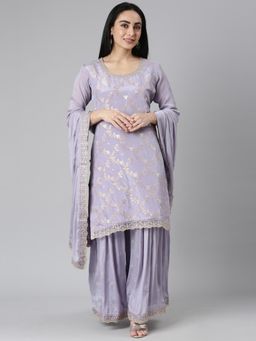 NEERU'S - Women Lavender Georgette Embroidered Kurta with Palazzo and Dupatta (Set of 3)