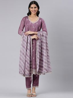 NEERU'S - Women Purple Chanderi Silk Embroidered Kurta with Pant and Dupatta (Set of 3)