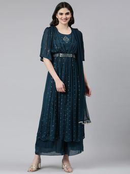 NEERU'S - Women Green Silk Embroidered Kurta with Palazzo and Dupatta (Set of 3)