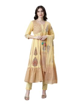 NEERU'S - Women Yellow Pure Cotton Printed Anarkali Kurta with Pant and Dupatta (Set of 3)