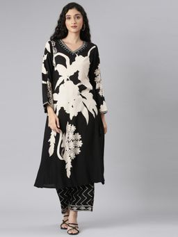 NEERU'S - Women Black Viscose Rayon Printed Kurta with Palazzo (Set of 2)