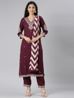 NEERU'S - Women Purple Viscose Rayon Embroidered Kurta with Pant and Dupatta (Set of 3)
