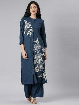 NEERU'S - Women Green Viscose Rayon Floral Kurta with Palazzo (Set of 2)