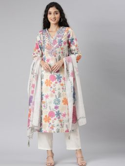 NEERU'S - Women Multi-Color Blended Fabric Floral Kurta with Pant and Dupatta (Set of 3)