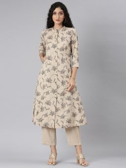 NEERU'S - Women Beige Linen Floral Kurta with Pant (Set of 2)