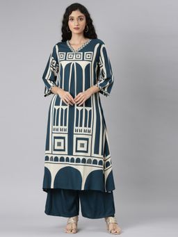 NEERU'S - Women Blue Viscose Rayon Geometric Kurta with Palazzo (Set of 2)