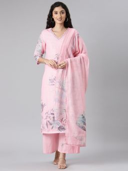 NEERU'S - Women Pink Cotton Blend Printed Kurta with Palazzo and Dupatta (Set of 3)