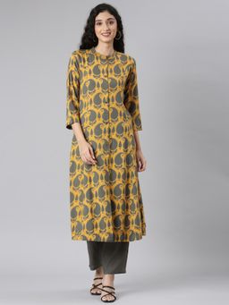 NEERU'S - Women Mustard Viscose Rayon Paisley Kurta with Pant (Set of 2)
