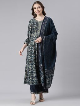 NEERU'S - Women Blue Cotton Blend Printed Anarkali Kurta with Palazzo and Dupatta (Set of 3)