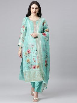 NEERU'S - Women Green Organza Floral Kurta with Pant and Dupatta (Set of 3)