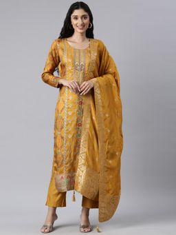 NEERU'S - Women Mustard Raw Silk Floral Kurta with Pant and Dupatta (Set of 3)