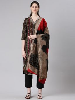 NEERU'S - Women Black Cotton Blend Printed Kurta with Pant and Dupatta (Set of 3)