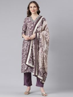 NEERU'S - Women Purple Cotton Blend Paisley Kurta with Pant and Dupatta (Set of 3)